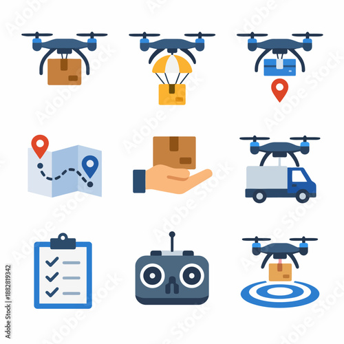 Drone delivery icons set: technology and logistics in modern transportation