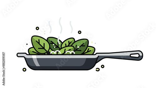 Fresh green vegetables simmering in a minimalist frying pan illustration conveying healthy cooking