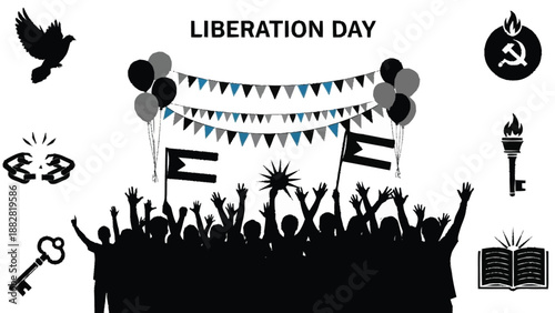 Crowd Celebrating Liberation Day with Flags and Decorations celebration