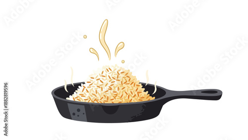 Dynamic illustration of savory rice cooking in a hot skillet with engaging steam and subtle oil splatters