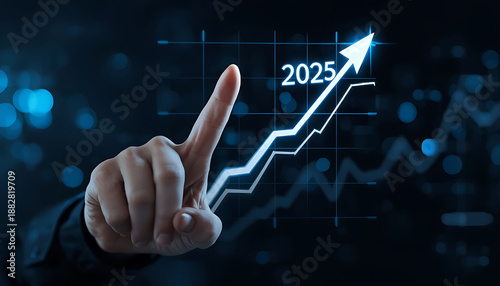 Hand pointing to futuristic graph with upward trending arrow towards 2025, symbolizing growth and success