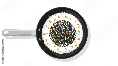 Overhead view of a steaming skillet filled with creatively arranged rice and garnishes, depicting culinary art and freshness