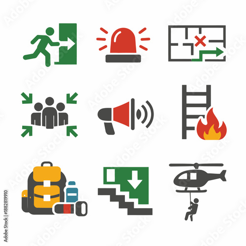 Emergency preparedness icons: exit, alarm, evacuation plan, assembly, megaphone, fire, supplies, stairs, helicopter