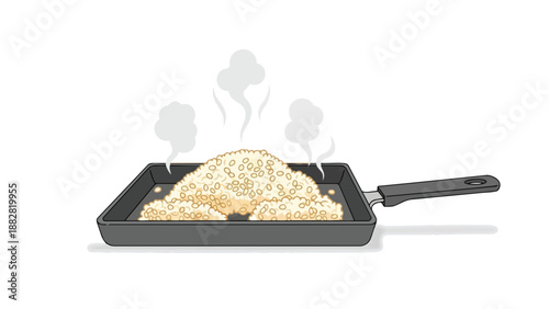 A lively illustration of a steaming hot dish presented in a modern black square skillet, perfectly capturing the essence of home cooking and warm