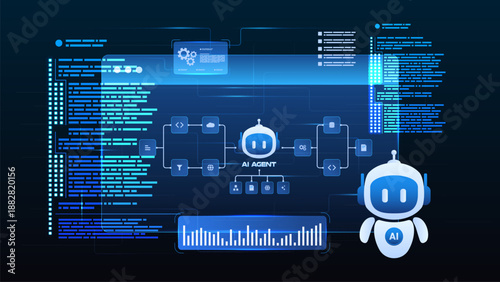 AI workflow automation artificial intelligence. ai agent network diagram dashboard machine learning processing system, coding and automation system.