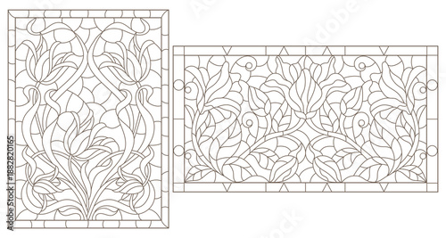 A set of contour illustrations of stained glass Windows with lilys in frames, dark contours on a white background, oval and rectangular imageA set of contour illustrations of stained glass Windows wit