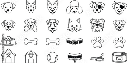 Cute pet line icon set with dog and cat faces paws collars bowls toys isolated on white background for veterinary branding, pet shop design, vector illustration