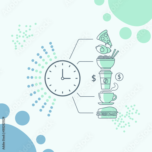 Conceptual Illustration Depicting Meal Timing, Food Choices, and Associated Expenses Clearly
