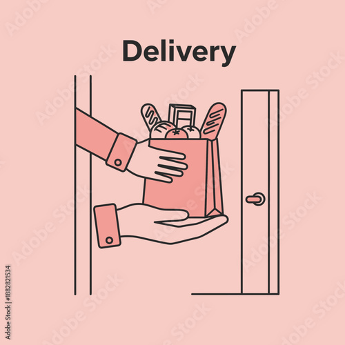 Contactless Food Delivery Illustration Showing Handing Over Groceries At The Doorstep Immediately