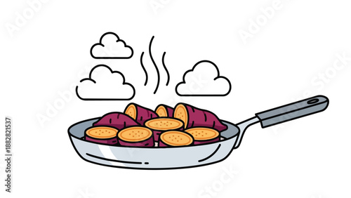 An engaging culinary illustration of vibrant sweet potato slices gently steaming in a skillet showcasing healthy cooking methods and delicious root