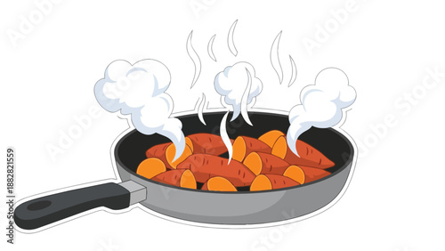 Vibrant orange carrots are shown steaming in a sturdy black frying pan, an appealing and wholesome culinary depiction of healthy vegetable