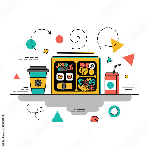 Contemporary Lunchtime Arrangement: An Artistic Illustration of Bento Box, Coffee, and Beverage