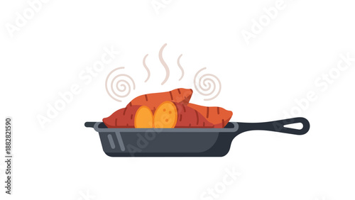 Deliciously warm, steaming sweet potatoes resting in a sturdy cast-iron skillet. This illustration captures healthy, comforting, and fresh root