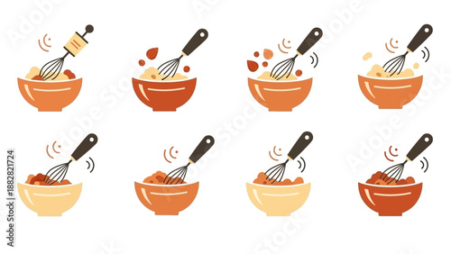 Cooking Illustration: A Whisk and Bowl Series Depicting Culinary Preparations Step by Step