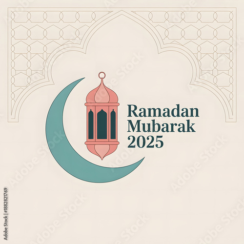 Ramadan Mubarak 2025: A serene depiction of the upcoming Ramadan celebration, featuring a crescent moon and traditional lantern, framed within a delicate architectural design.