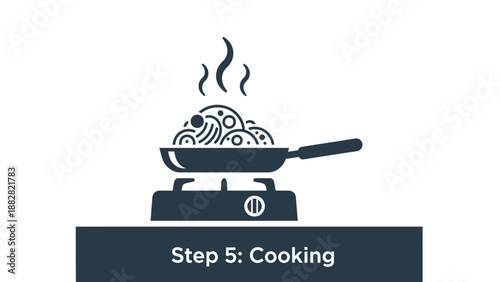 Cooking Process: Frying Pan Illustration Depicting Step Five of Culinary Creation