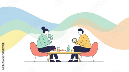 Couple Enjoying a Relaxing Meal Together with Abstract Wavy Background