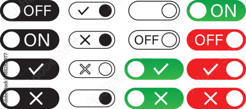 Power on off icon set. Electric switch and energy symbols.Minimalist shutdown and standby signs Modern start and stop button icons. Vector system control interface elements. 
