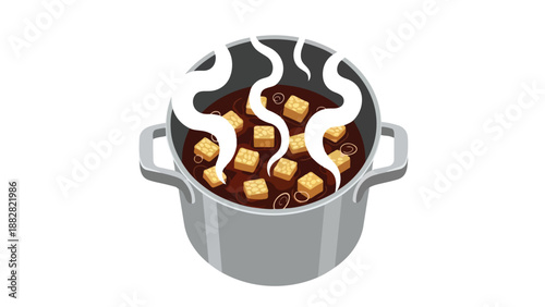 A simmering culinary creation in a sturdy metal pot featuring numerous golden brown ingredient cubes gently absorbing a rich dark sauce emitting