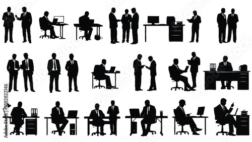 Black silhouettes of business people working and interacting in office settings