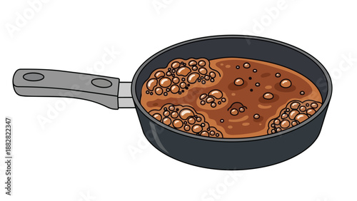 Illustrative depiction of a dark cooking pan containing a rich, simmering brown liquid with numerous effervescent bubbles, showcasing culinary
