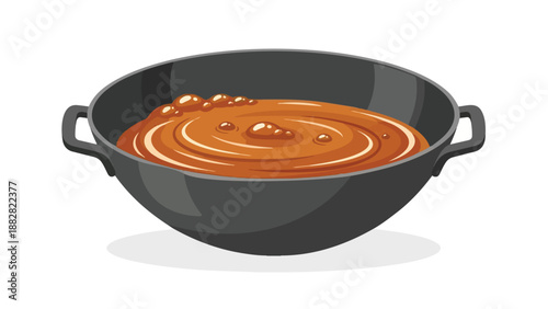 A deep black cooking pot holds a rich, bubbling, orange-brown sauce, perfectly simmered with appetizing swirls and glistening bubbles, creating a