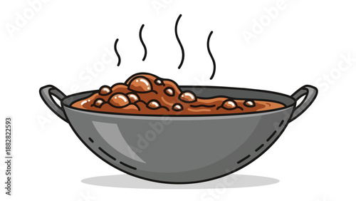 Hearty bubbling stew simmering in a classic wok with rising steam, cartoon style