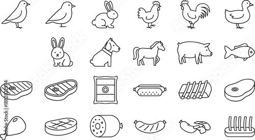 Farm animal and food line icon collection with livestock, poultry, fish, and meat products, clean outline illustrations for agriculture, farming, grocery, restaurant, and food design projects
