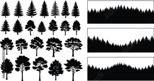 Forest tree silhouette mega collection with pine and deciduous varieties, black woodland landscape borders, nature elements for logo, background, poster, and outdoor design projects