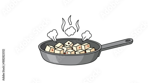 An engaging cartoon illustration depicting white food cubes actively cooking in a grey frying pan, with visible rising steam and heat indicating a