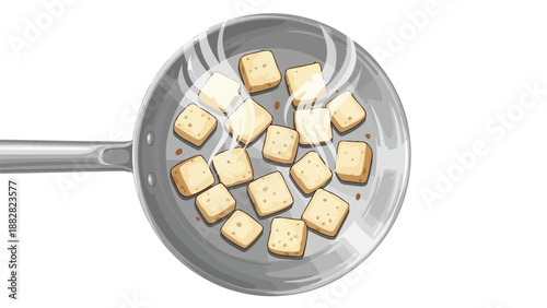Golden tofu cubes gently cooking in a hot non-stick pan, steam rising, aromatic culinary experience for a healthy and nutritious plant-based meal.