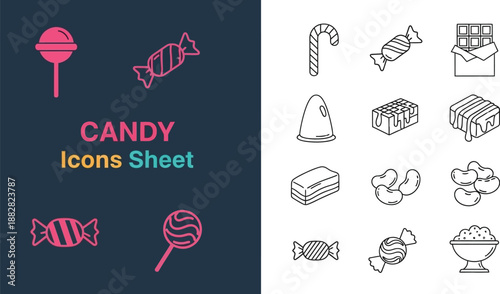 Black outline icon sheet of candy and sweet treats
