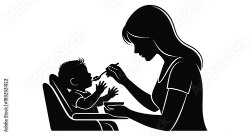 a woman gently feeding a small infant with a spoon showcasing a tender moment of caregiving and nurturing silhouette high quality