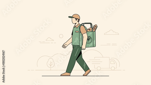 Courier Delivering Groceries to Customer in Minimalistic Style with Eco-Friendly Products