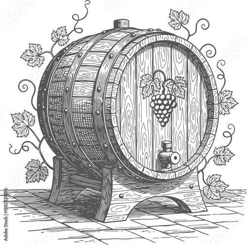 Vintage wooden wine barrel with grapevine decoration, rustic oak cask with faucet on tiled floor