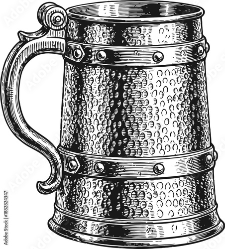 Vintage metal beer mug with textured surface and detailed handle engraving