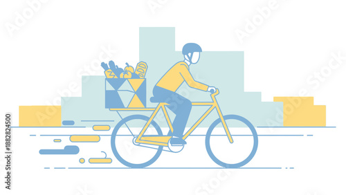 Cycling Courier Delivering Groceries in Modern Cityscape Vector Illustration