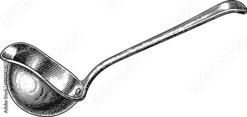 vintage metal ladle with long handle, kitchen utensil for serving liquids and soups