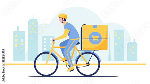 Cyclist Delivering Package Through City Streets for Online Commerce Services