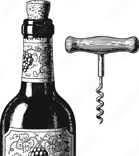 Vintage wine bottle with cork and wooden corkscrew tool detailed engraving illustration