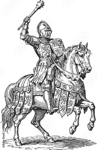 Medieval knight in full armor wielding mace on barded warhorse, historical chivalry illustration