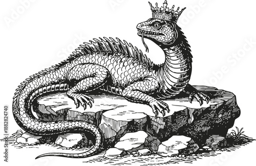 Regal lizard with crown resting on rocky surface vintage fantasy illustration of mythical reptile king