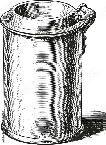 Vintage metal beer stein with hinged lid, detailed hand drawn engraving illustration