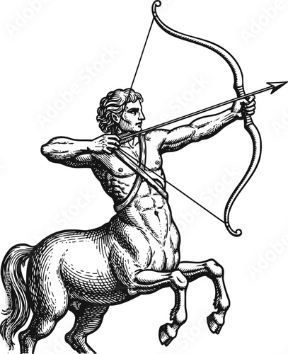 Centaur archer aiming bow and arrow in vintage mythological illustration