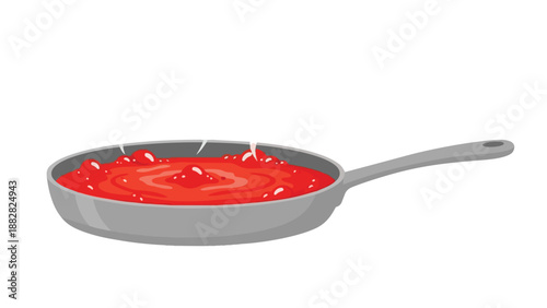A vibrant red sauce actively bubbling with tiny steam rising, contained within a modern, sleek gray frying pan, ready for delicious culinary use,