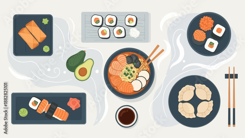 Delicious Asian Cuisine Spread: Sushi, Ramen, And Dim Sum Dishes, Fresh And Appetizing