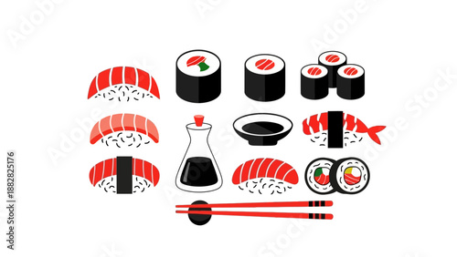 Delicious Assortment Of Illustrated Sushi and Sashimi Dishes On A Clean White Background