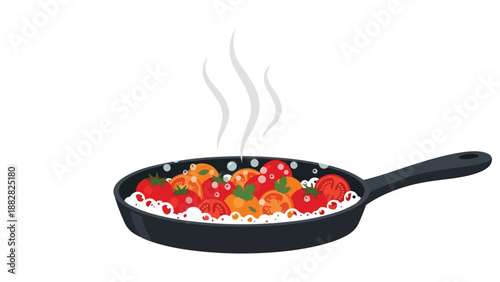 Cooking fresh vibrant vegetables in a hot skillet with steam rising depicting healthy meal preparation a simple yet appetizing culinary scene