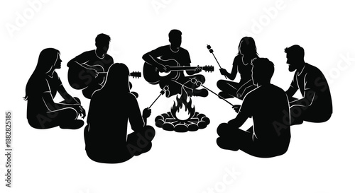 a group of people gathered around a campfire playing instruments and socializing in a relaxed peaceful outdoor setting silhouette high quality