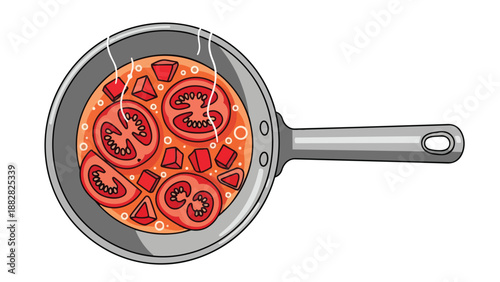 Appetizing depiction of fresh red tomatoes, vibrant slices and precise diced pieces, gently simmering in a modern gray frying pan, signaling